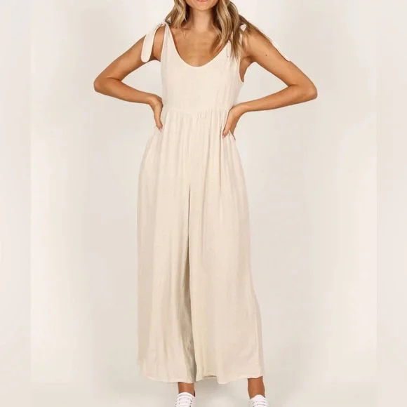 Petal & Pup Ayla Linen Jumpsuit Oatmeal - Picture 3 of 11